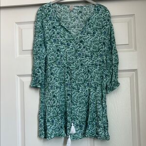 Floral Green and Blue Beach Coverup Dress, Medium